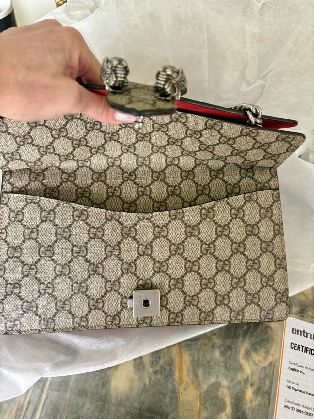 CERTIFIED GUCCI Dionysus Beige GG Supreme Canvas Shoulder Bag Red Suede Stripe ! - Picture 10 of 15